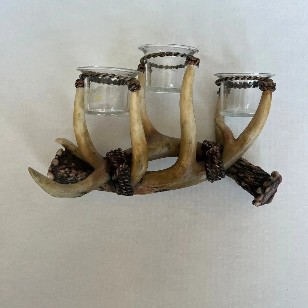 Rustic Faux Antler Triple Votive Candle Holder Lodge Cabin Decor Resin Glass